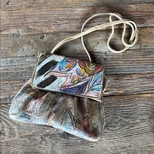 Jane Yoo handpainted leather floral metallic crossbody purse
